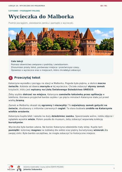 Перша сторінка уроку 18 «Поїздка до Мальборка»: текст про Катажину і фото замку в Мальборку