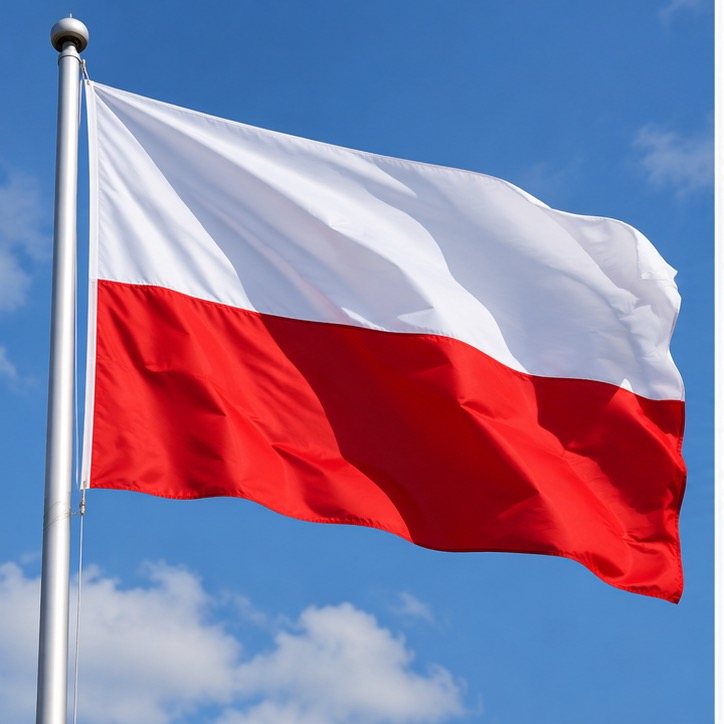 Flaga Polski powiewająca na tle nieba