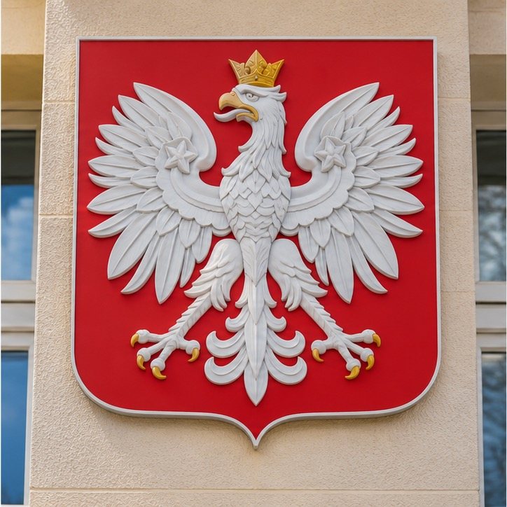 Godło Polski z białym orłem w koronie na czerwonym tle