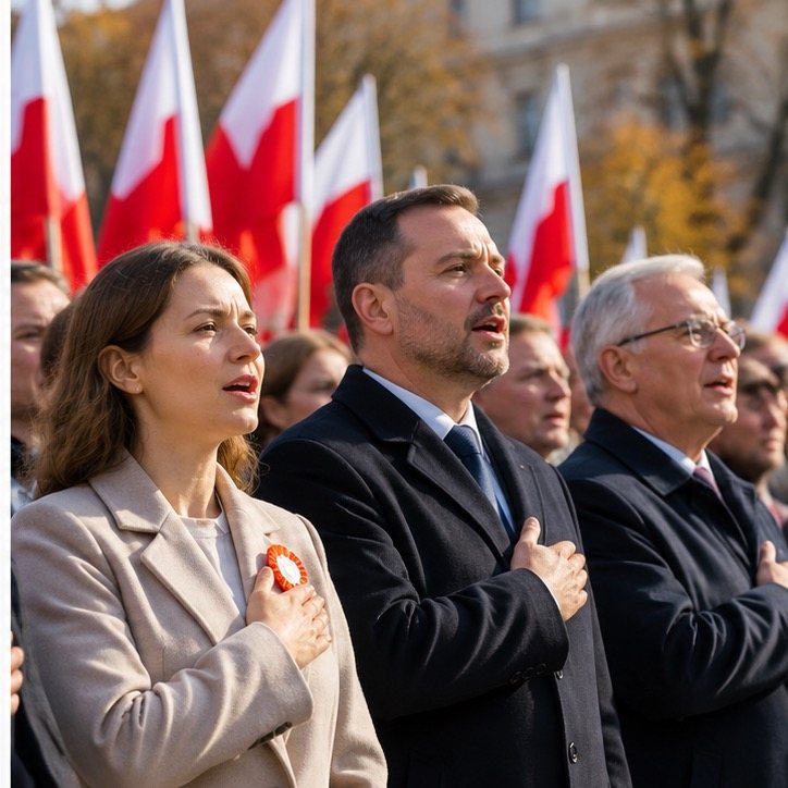 Люди співають гімн на урочистості, на тлі прапори