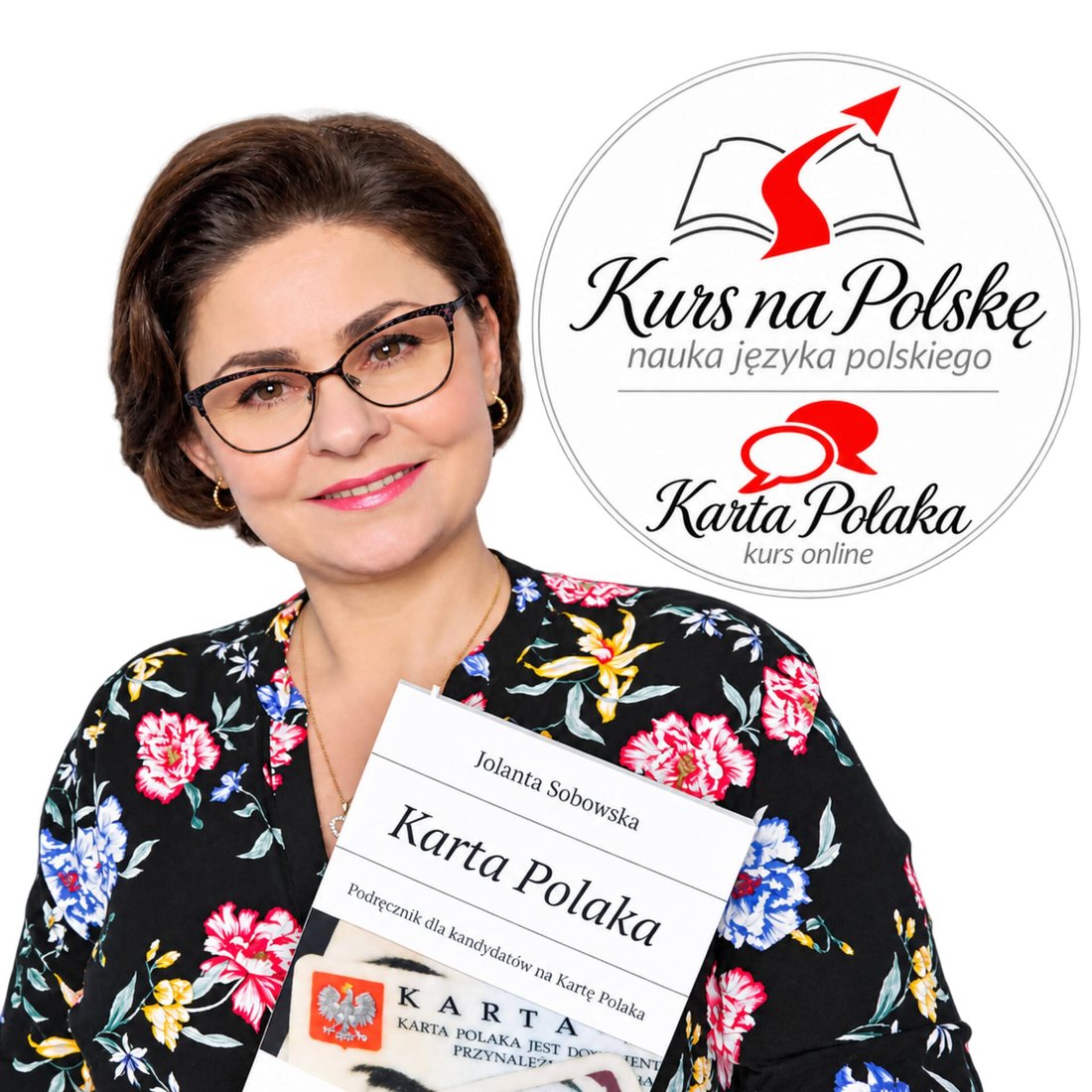 Jolanta Sobowska з підручником «Karta Polaka» та логотипом курсу