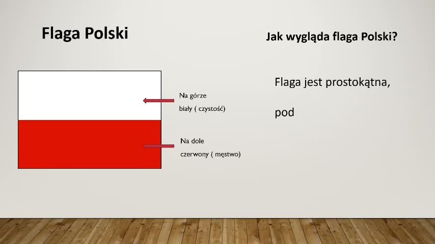 Slajd z lekcji o fladze Polski, z opisem białego i czerwonego pasa